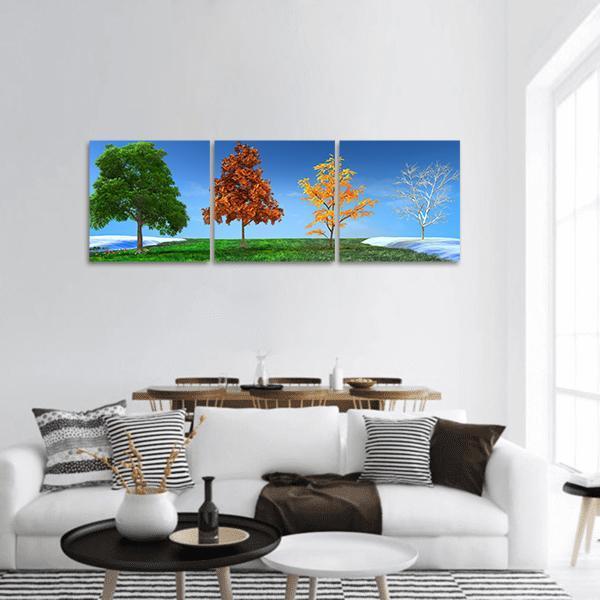 Four Seasons Trees Panoramic Canvas Wall Art in green, blue and multicolor, hung on a wall