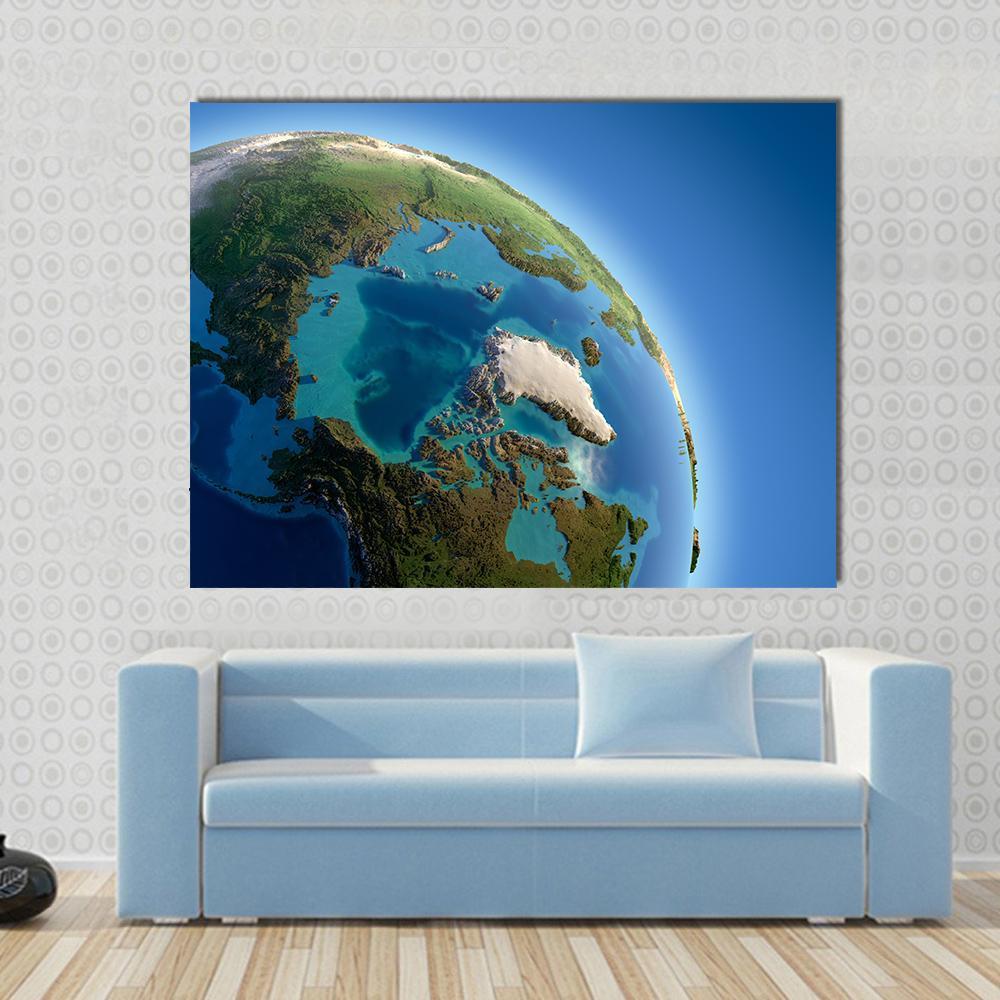Orbital View of Earth Over Greenland Canvas Wall Art in white, green and blue, single panel hung on a wall