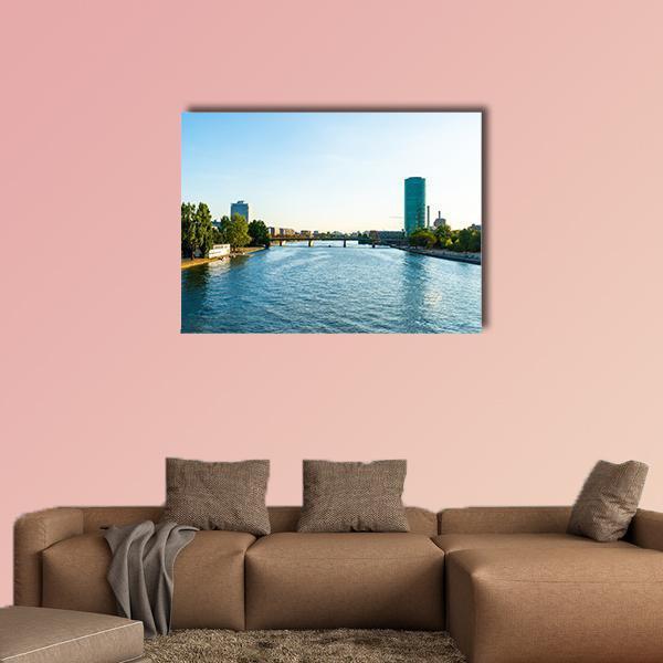 Frankfurt Am Main Skyline Canvas Wall Art in white and blue, single panel hung on a wall