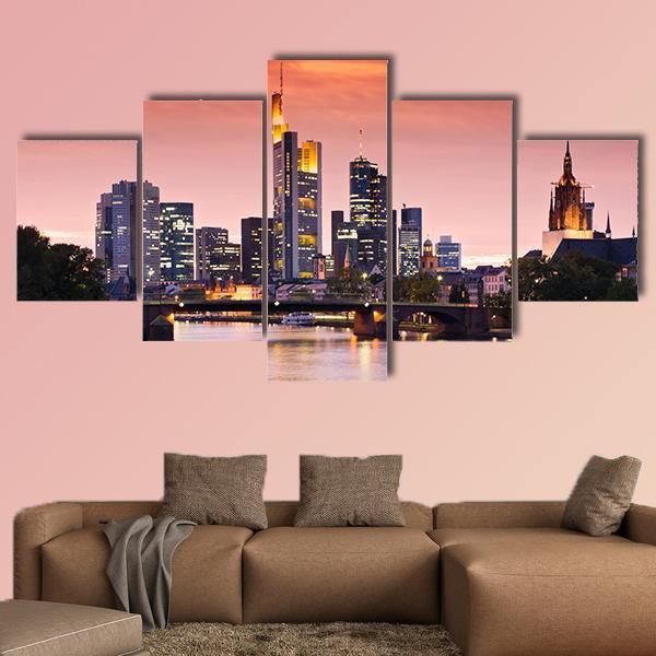 Frankfurt's Skyline After Sunset Canvas Wall Art-5 Star-Gallery Wrap-62" x 32"-Tiaracle