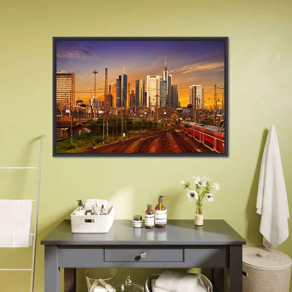 Frankfurt Skyline From Railway Station Canvas Wall Art-1 Piece-Floating Frame-24" x 16"-Tiaracle