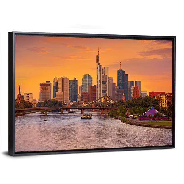 Frankfurt Skyline With Meno River Canvas Wall Art-3 Horizontal-Gallery Wrap-25" x 16"-Tiaracle