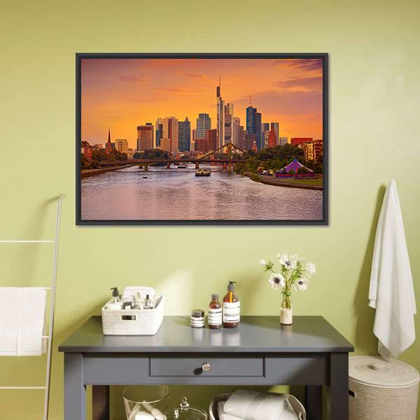 Frankfurt Skyline With Meno River Canvas Wall Art-1 Piece-Floating Frame-24" x 16"-Tiaracle