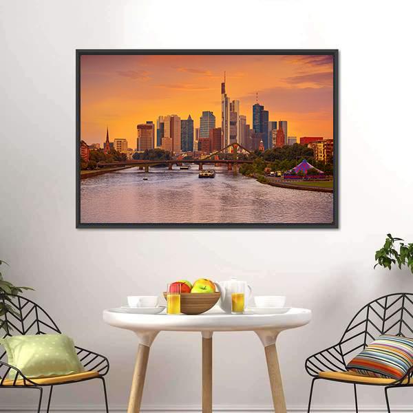 Frankfurt Skyline With Meno River Canvas Wall Art-3 Horizontal-Gallery Wrap-25" x 16"-Tiaracle