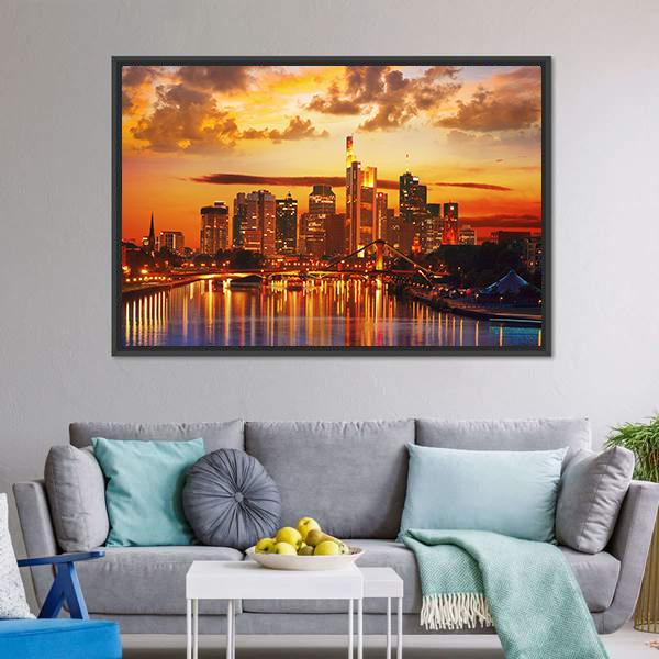 Frankfurt Skyline With Meno River Canvas Wall Art-3 Horizontal-Gallery Wrap-25" x 16"-Tiaracle