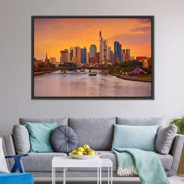 Frankfurt Skyline With Meno River Canvas Wall Art-3 Horizontal-Gallery Wrap-25" x 16"-Tiaracle
