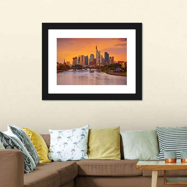 Frankfurt Skyline With Meno River Canvas Wall Art-3 Horizontal-Gallery Wrap-25" x 16"-Tiaracle