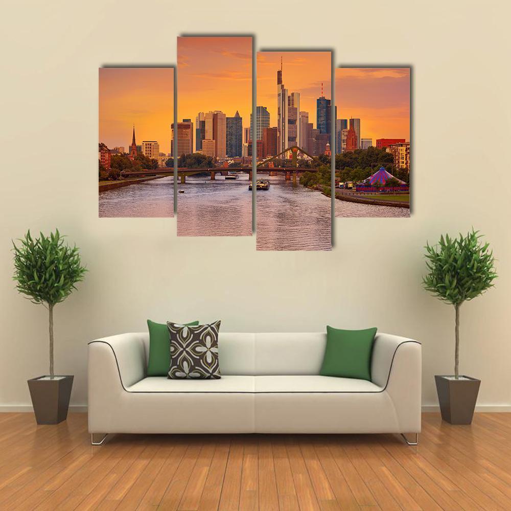 Frankfurt Skyline With Meno River Canvas Wall Art-4 Pop-Gallery Wrap-50" x 32"-Tiaracle