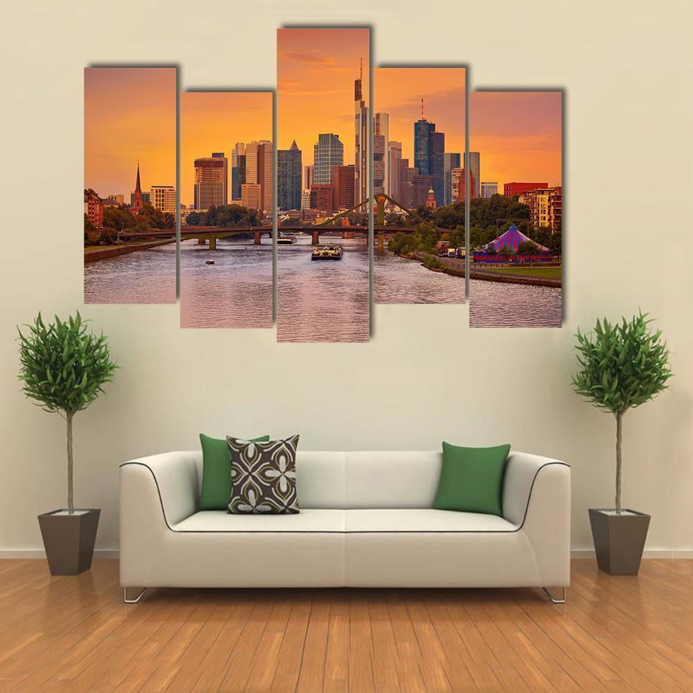 Frankfurt Skyline With Meno River Canvas Wall Art-5 Pop-Gallery Wrap-47" x 32"-Tiaracle