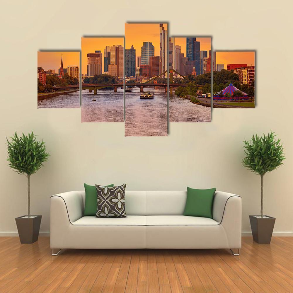 Frankfurt Skyline With Meno River Canvas Wall Art-5 Star-Gallery Wrap-62" x 32"-Tiaracle