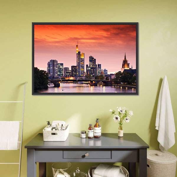 Frankfurt's Skyline After Sunset Canvas Wall Art-1 Piece-Floating Frame-24" x 16"-Tiaracle