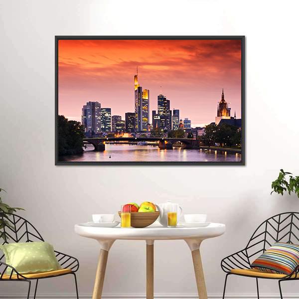 Frankfurt's Skyline After Sunset Canvas Wall Art-3 Horizontal-Gallery Wrap-25" x 16"-Tiaracle