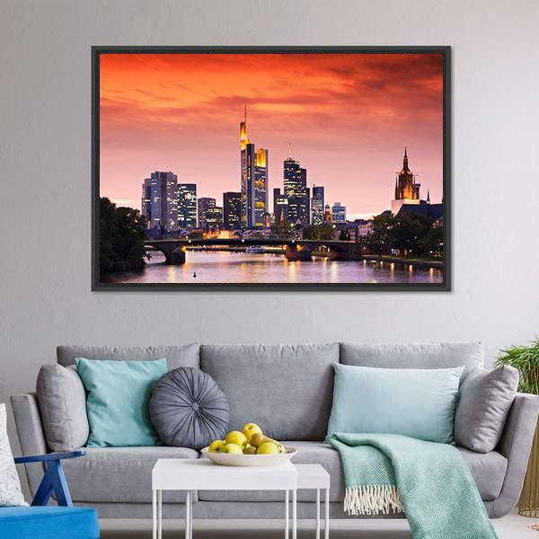 Frankfurt's Skyline After Sunset Canvas Wall Art-3 Horizontal-Gallery Wrap-25" x 16"-Tiaracle