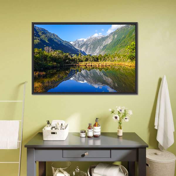 Franz Josef Glacier Reflecting In Lake Canvas Wall Art-1 Piece-Floating Frame-24" x 16"-Tiaracle