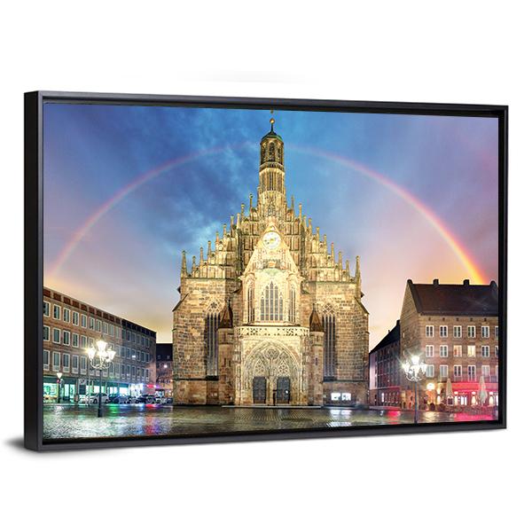 Frauenkirche Church With Rainbow Canvas Wall Art-3 Horizontal-Gallery Wrap-25" x 16"-Tiaracle
