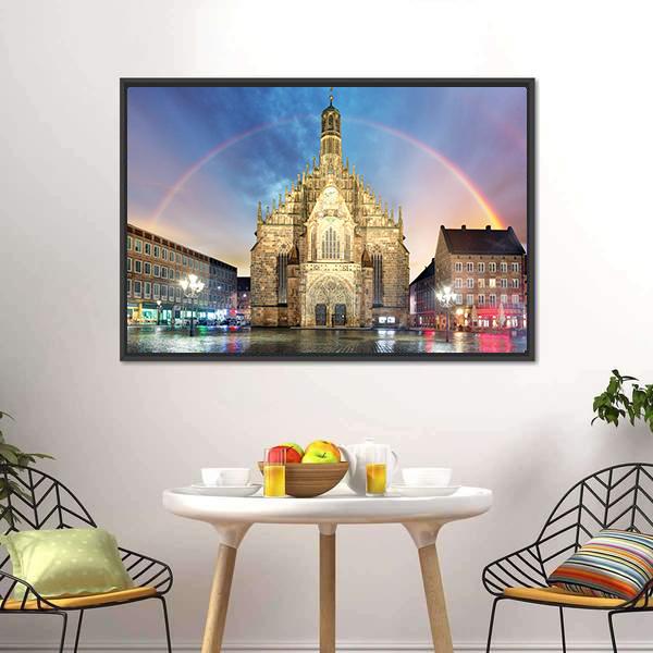 Frauenkirche Church With Rainbow Canvas Wall Art-3 Horizontal-Gallery Wrap-25" x 16"-Tiaracle