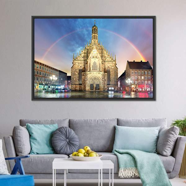 Frauenkirche Church With Rainbow Canvas Wall Art-1 Piece-Floating Frame-24" x 16"-Tiaracle