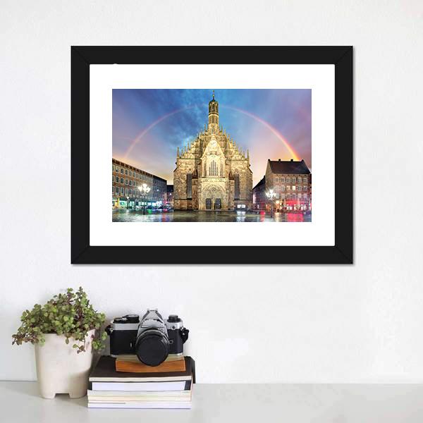 Frauenkirche Church With Rainbow Canvas Wall Art-1 Piece-Framed Print-20" x 16"-Tiaracle