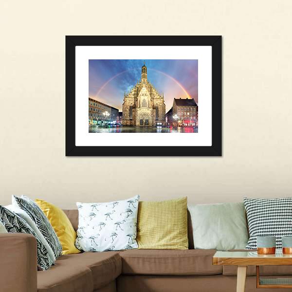 Frauenkirche Church With Rainbow Canvas Wall Art-3 Horizontal-Gallery Wrap-25" x 16"-Tiaracle