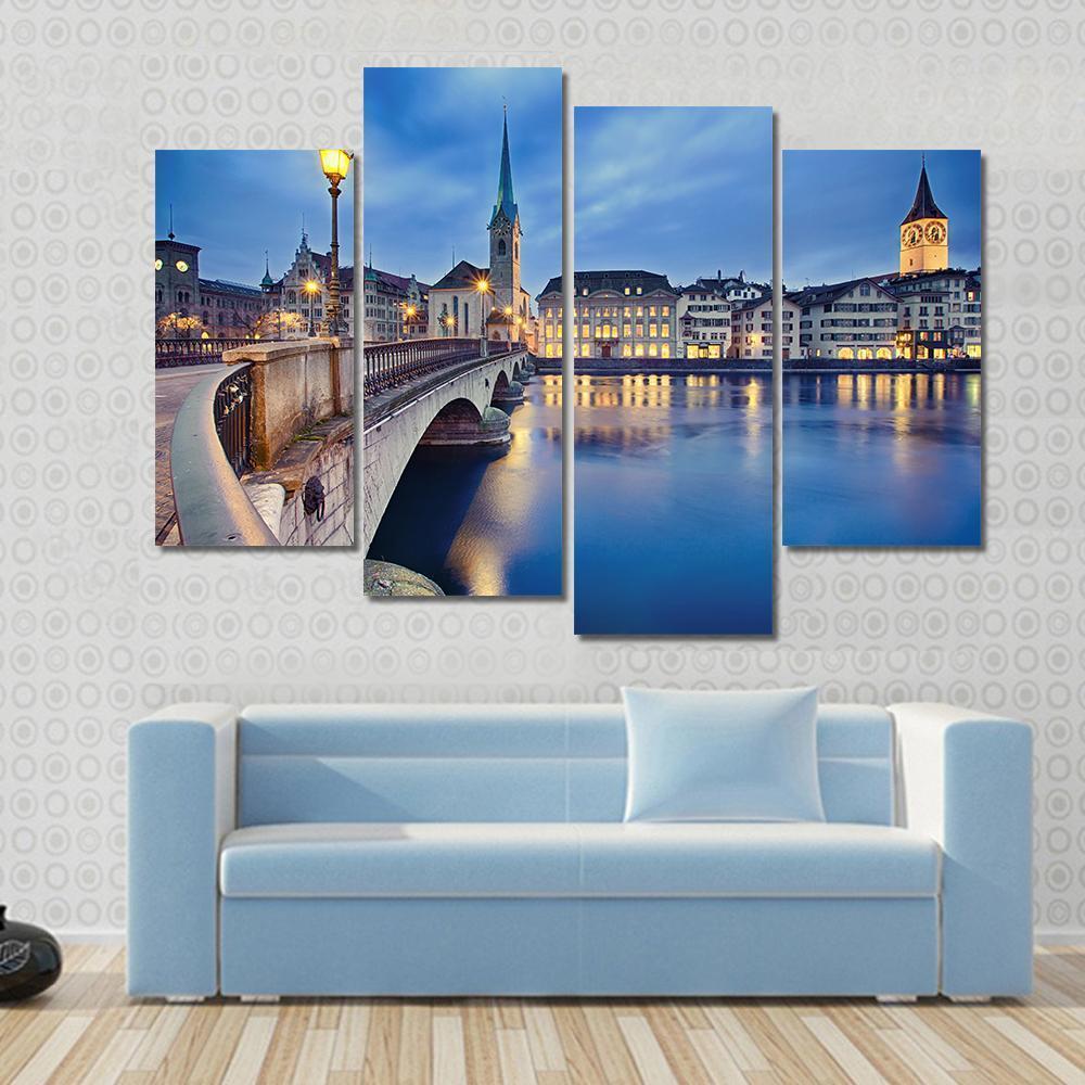 Fraumunster Church At Night Canvas Wall Art-4 Pop-Gallery Wrap-50" x 32"-Tiaracle