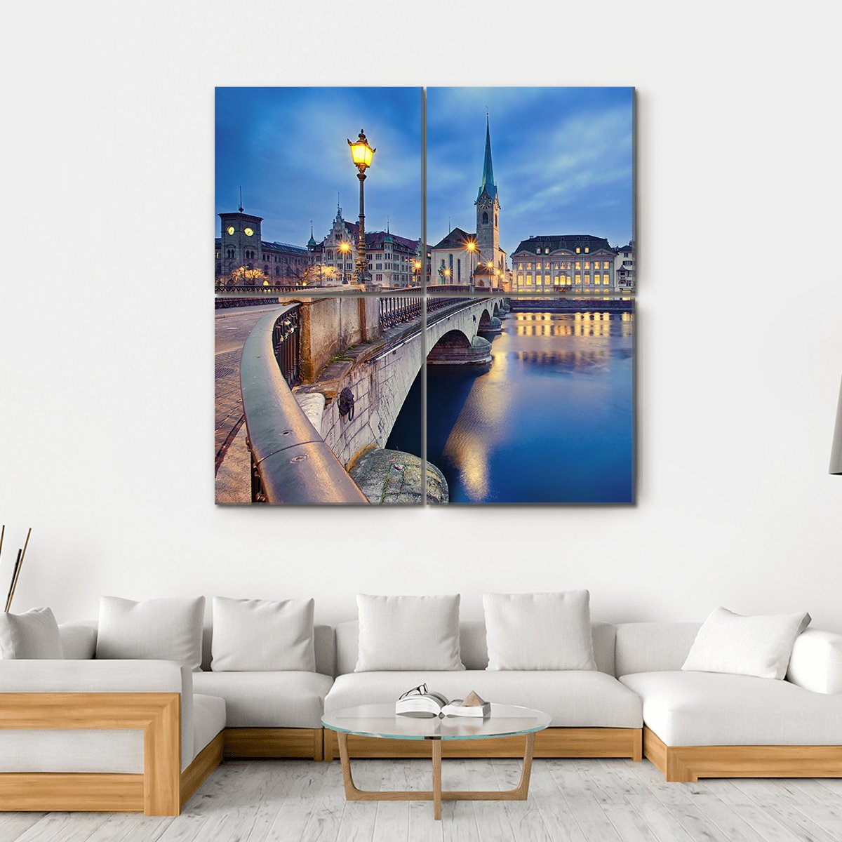 Fraumunster Church At Night Canvas Wall Art-4 Square-Gallery Wrap-17" x 17"-Tiaracle