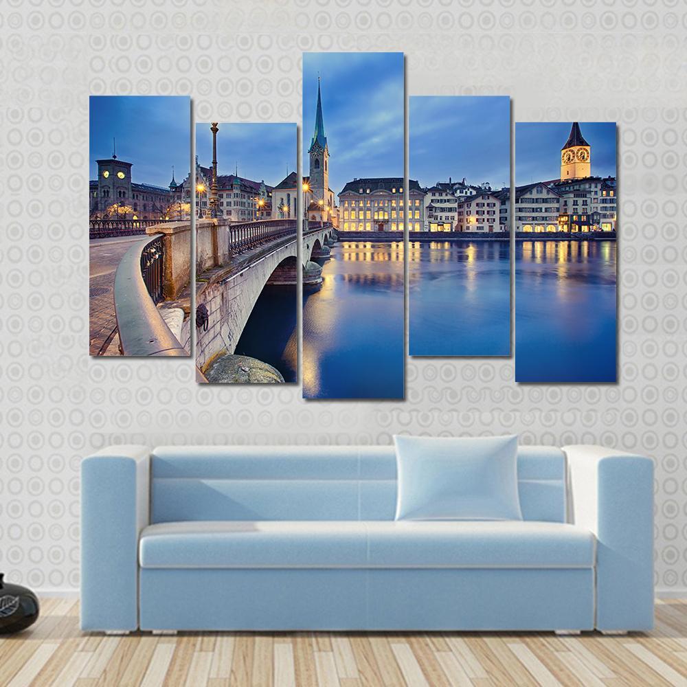 Fraumunster Church At Night Canvas Wall Art-5 Pop-Gallery Wrap-47" x 32"-Tiaracle