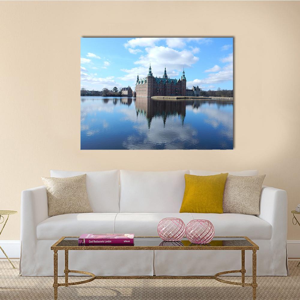 Frederiksborg Castle Reflected in Lake Canvas Wall Art in white, brown and blue, single panel hung on a wall