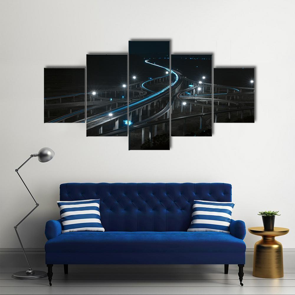 Freeway In Night With Cars Light Canvas Wall Art-5 Star-Gallery Wrap-62" x 32"-Tiaracle