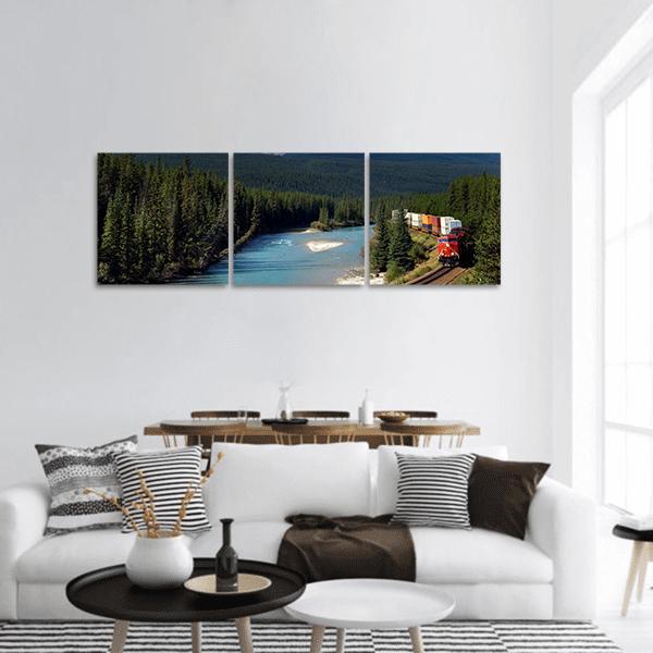 Train Along Bow River Panoramic Canvas Wall Art-1 Piece-36" x 12"-Tiaracle