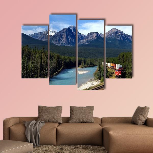 Train Along Bow River Canvas Wall Art-4 Pop-Gallery Wrap-50" x 32"-Tiaracle