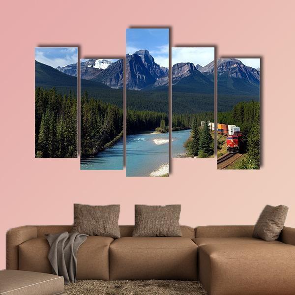 Train Along Bow River Canvas Wall Art-5 Pop-Gallery Wrap-47" x 32"-Tiaracle
