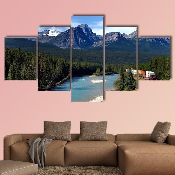Train Along Bow River Canvas Wall Art-5 Star-Gallery Wrap-62" x 32"-Tiaracle