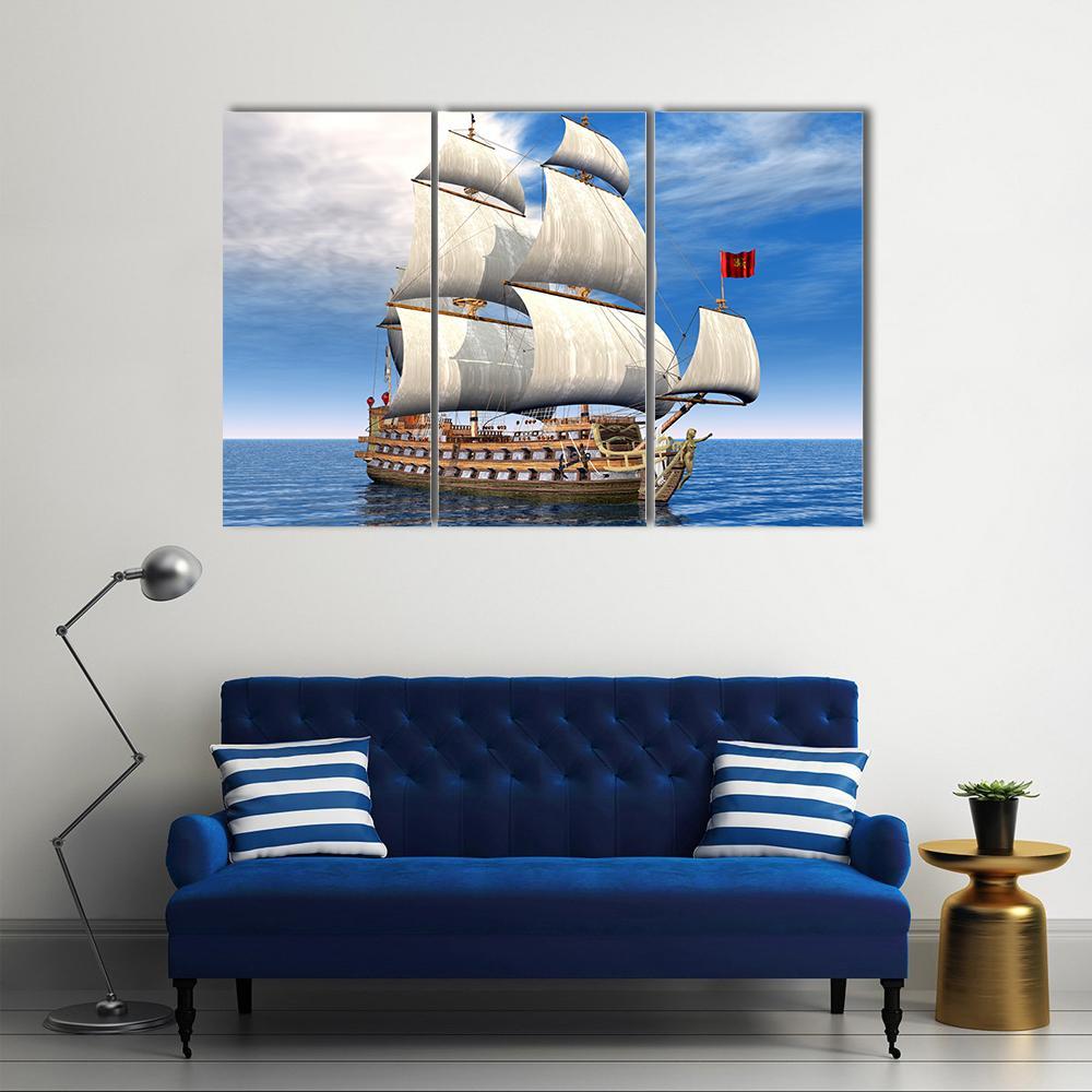 French Sailing Ship Canvas Wall Art-3 Horizontal-Gallery Wrap-37" x 24"-Tiaracle