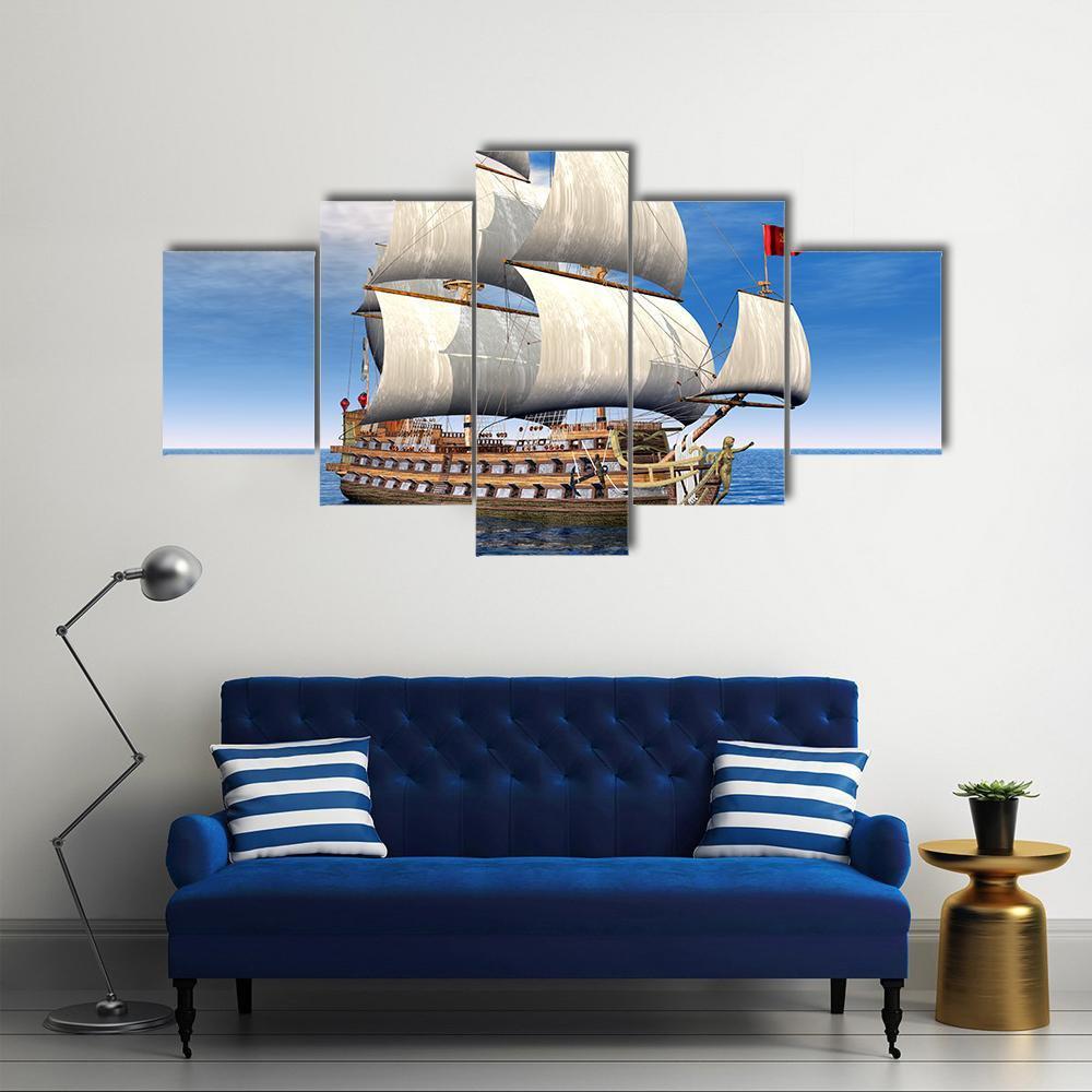 French Sailing Ship Canvas Wall Art-3 Horizontal-Gallery Wrap-37" x 24"-Tiaracle