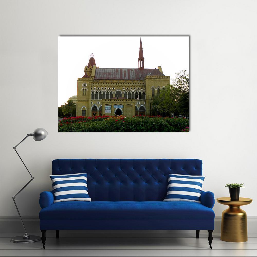 Frere Hall in Karachi Canvas Wall Art in white, yellow and green, single panel hung on a wall