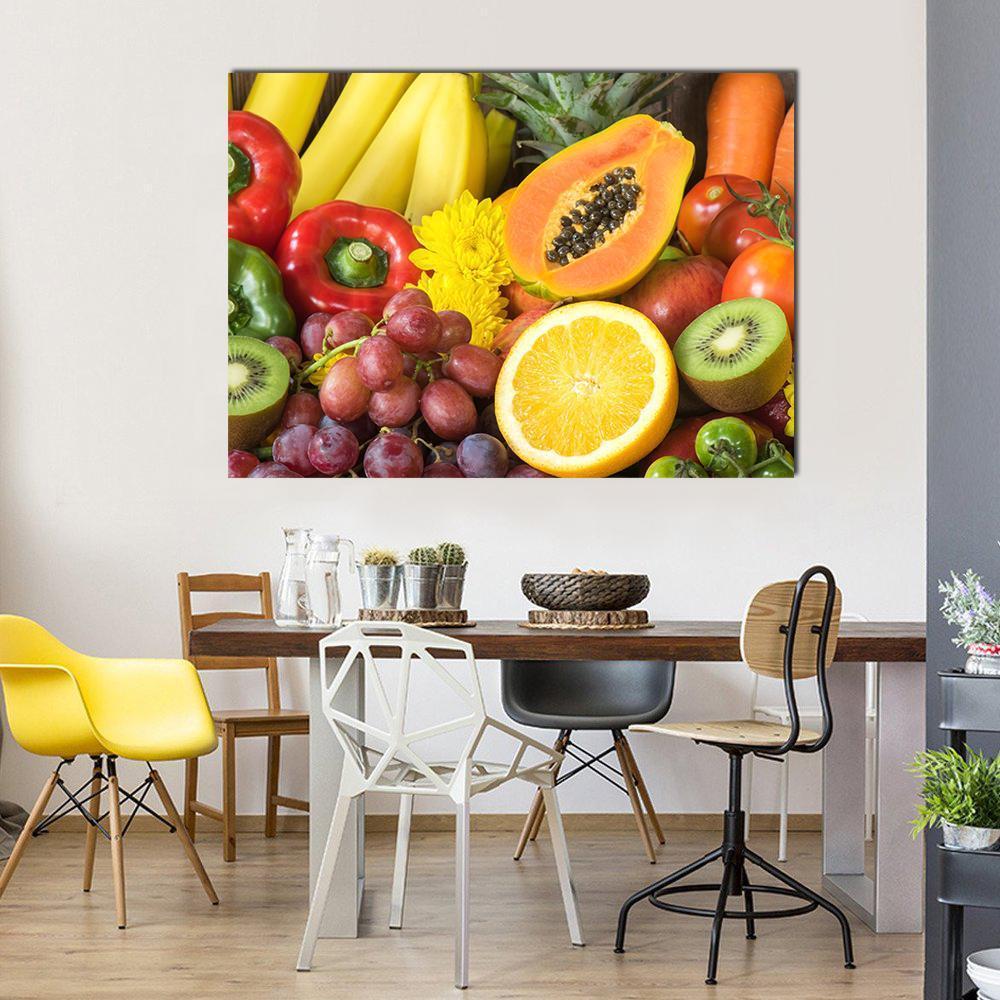 Fresh Fruits and Vegetables Canvas Wall Art in red, yellow and multicolor, single panel hung on a wall