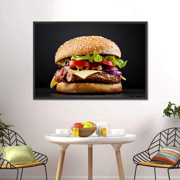 Fresh Tasty Burger Canvas Wall Art-3 Horizontal-Gallery Wrap-25" x 16"-Tiaracle
