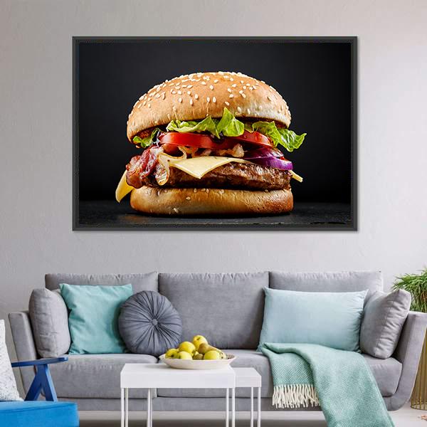Fresh Tasty Burger Canvas Wall Art-3 Horizontal-Gallery Wrap-25" x 16"-Tiaracle