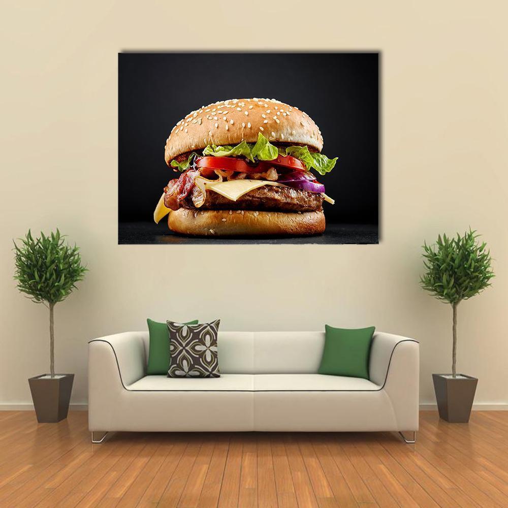 Fresh Tasty Burger Canvas Wall Art in black, beige and brown, single panel hung on a wall