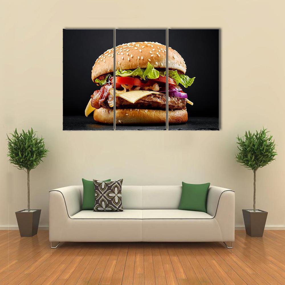 Fresh Tasty Burger Canvas Wall Art-3 Horizontal-Gallery Wrap-37" x 24"-Tiaracle