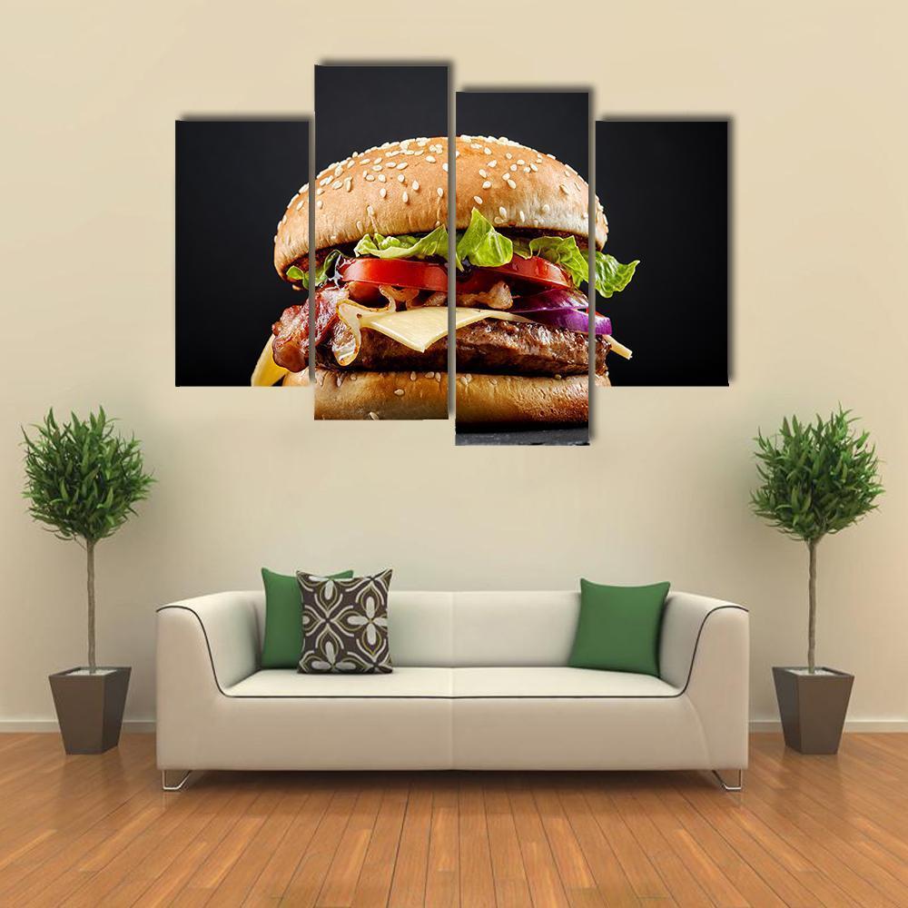 Fresh Tasty Burger Canvas Wall Art-4 Pop-Gallery Wrap-50&quot; x 32&quot;-Tiaracle