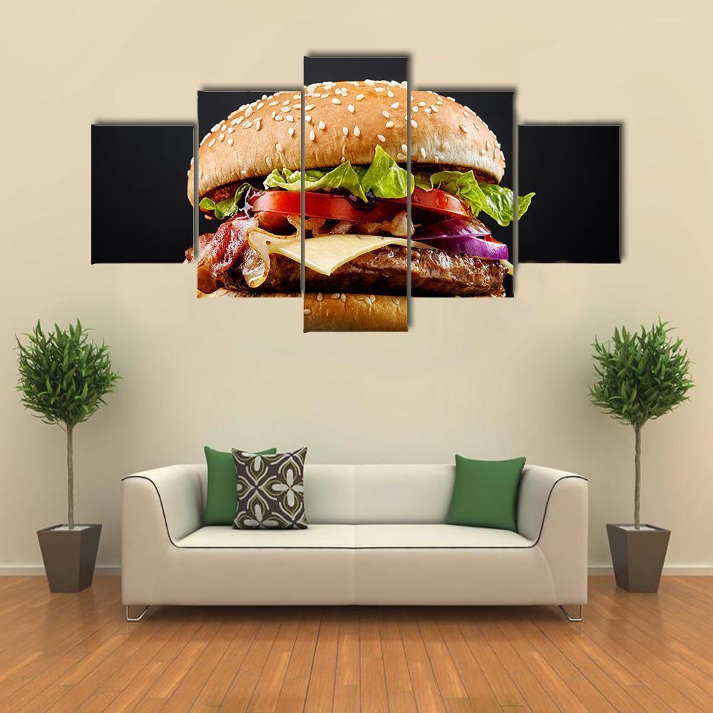 Fresh Tasty Burger Canvas Wall Art-5 Star-Gallery Wrap-62&quot; x 32&quot;-Tiaracle