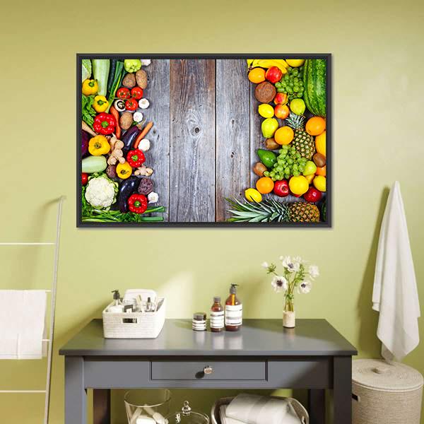 Fresh Vegetables and Fruit Canvas Wall Art in brown, green and multicolor, framed canvas, product view on a white background
