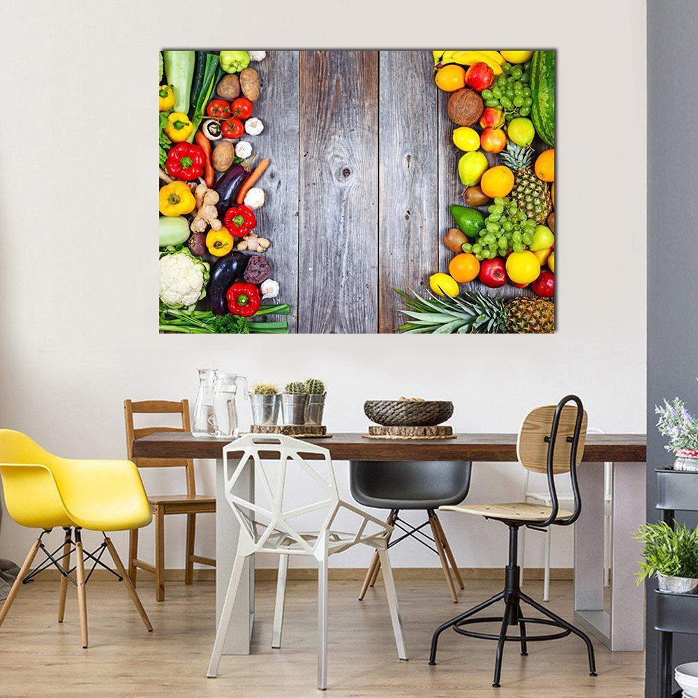 Fresh Vegetables and Fruit Canvas Wall Art in brown, green and multicolor, single panel hung on a wall