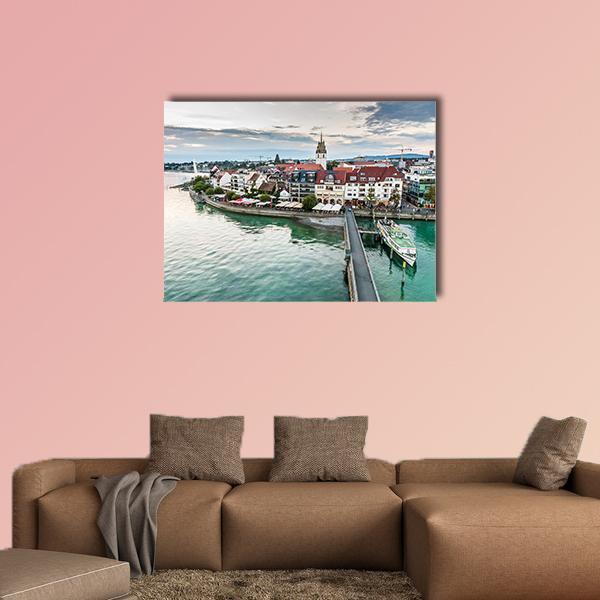 Friedrichshafen Lakefront with Church Spire Canvas Wall Art in white, brown and blue, single panel hung on a wall