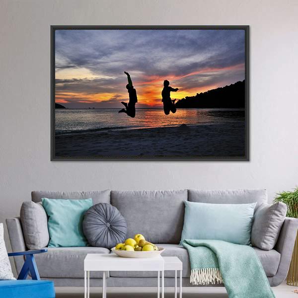 Friendship Jump Silhouette Panoramic Canvas Wall Art-1 Piece-36" x 12"-Tiaracle