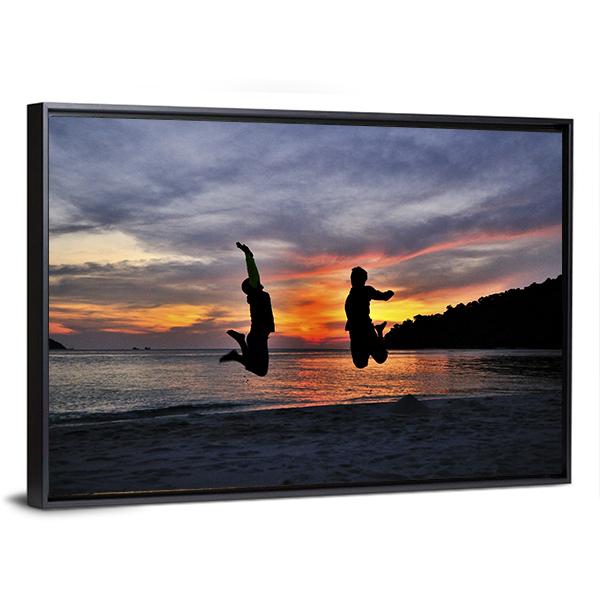 Friendship Jump Silhouette Panoramic Canvas Wall Art-1 Piece-36" x 12"-Tiaracle