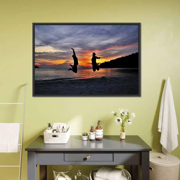Friendship Jump Silhouette Panoramic Canvas Wall Art-1 Piece-36" x 12"-Tiaracle