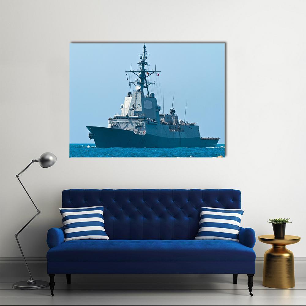 Frigate F-101 Warship Canvas Wall Art in gray and blue, single panel hung on a wall