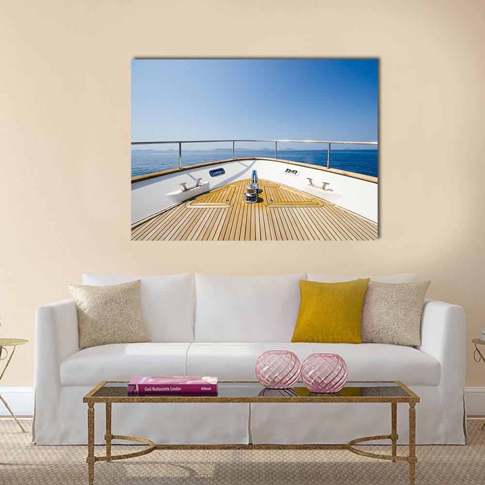 Yacht Bow on Teak Deck Canvas Wall Art in white, brown and blue, single panel hung on a wall